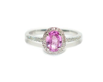 Natural Padparadscha Sapphire & Diamond Ring 14K White Gold 1.04tcw Pink Gemstone Ring Engagement Ring Birthstone Ring Statement Ring