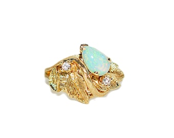Natural Ethiopian Opal Ring 14K Solid Gold Precious Ring Leaf Ring Statement Ring Boho Ring October Birthstone Ring Pear Gemstone Ring