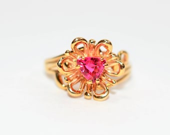 Natural Rubellite Ring 14K Solid Gold .67ct Pink Tourmaline Ring Flower Ring Solitaire Ring Womens Statement Ring Birthstone Ring Jewelry