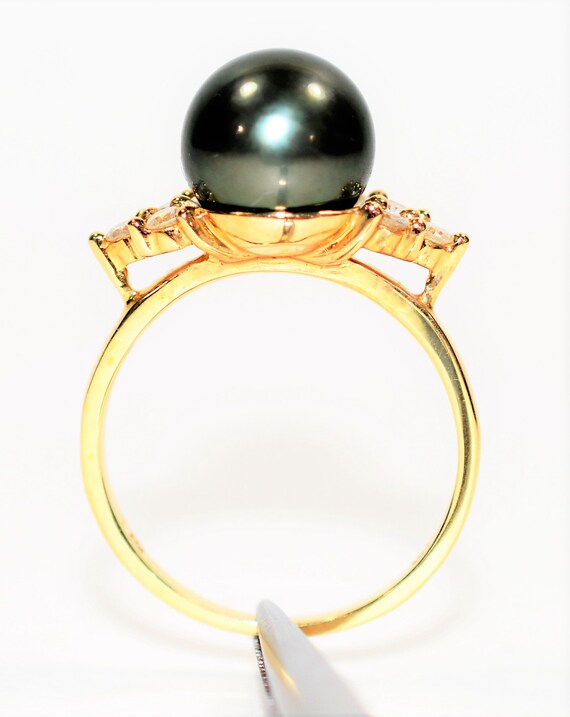 Natural Tahitian Pearl & Diamond Ring 14K Solid G… - image 3