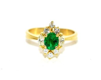 Natural Colombian Emerald & Diamond Ring 18K Solid Gold 1.03tcw Cluster Halo Statement Cocktail Engagement Bridal Estate Birthstone Jewelry