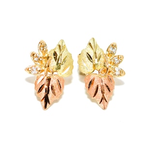 Natural Diamond Earrings 10K Solid Gold .03tcw Black Hills Gold Earrings Black Hills Dakota Jewelry Leaf Earrings Nature Earrings Tri Color