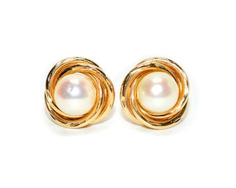 Natural Akoya Pearl Earrings 14K Solid Gold Earrings Stud Earrings Antique Earrings Vintage Earrings Fine Estate Jewelry October Birthstone