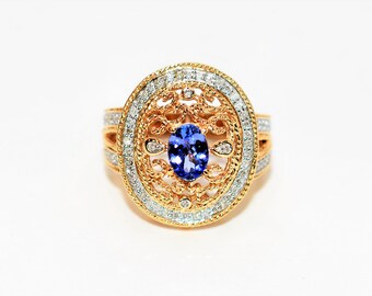 Natural Tanzanite & Diamond Ring 10K Solid Gold 1.34tcw Cocktail Ring Tanzanite Ring Statement Ring Fashion Ring Vintage Ring Women's Ring