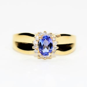 Natural Tanzanite & Diamond Ring 14K Solid Gold .55tcw Vintage Ring Statement Ring Gemstone Ring December Birthstone Ring Tanzanite Ring