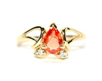 Natural Padparadscha Sapphire & Diamond Ring 14K Gold .83tcw Promise Ring Ladies Statement Orange Gemstone Ring September Birthstone Pear