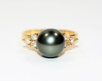 Natural Tahitian Pearl & Diamond Ring 14K Solid Gold .18tcw Black Pearl Ring Gemstone Ring June Birthstone Ring Vintage Ring Women's Ring