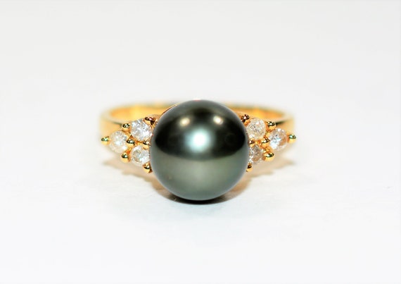 Natural Tahitian Pearl & Diamond Ring 14K Solid G… - image 1