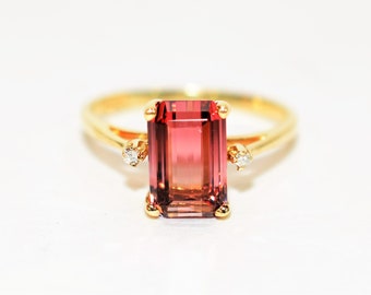 Natural Bi-Color Pink Tourmaline & Diamond Ring 10K Solid Gold 2.85tcwEngagement Ring Statement Ring Women's Ring Cocktail Ring Gemstone