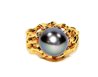 18K Gold Tahitian Pearl Ring: Vintage Cocktail Ring