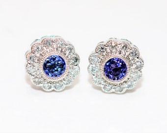 Natural D'Block Tanzanite & Diamond Earrings 14K Solid White Gold 1.34tcw Tanzanite Earrings Stud Earrings Halo Earrings Statement Earrings