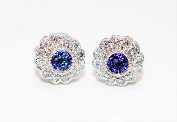 Natural D'Block Tanzanite & Diamond Earrings 14K … - image 1