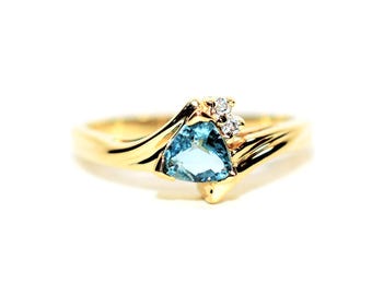 14K Gold Paraiba Tourmaline & Diamond Trillion Ring, Size 5.75 (.58tcw)