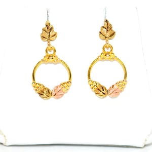 10K Black Hills Gold Earrings: Tri-Color Grape Leaf Dangle Earrings