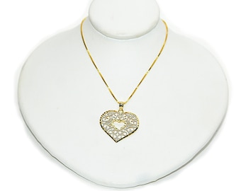 14K Solid Gold Heart Pendant Necklace, Multitone Yellow White Gold Box Chain