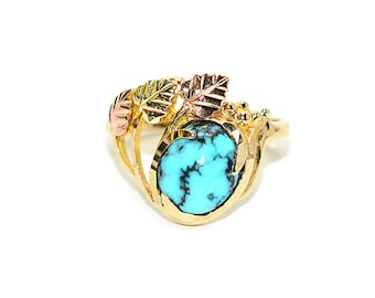 Natural Turquoise Ring 10K Solid Gold Black Hills Gold South Dakota American Made USA Solitaire Ring Vintage Estate Jewelry