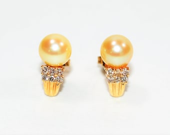 Natural South Sea Pearl & Diamond Earrings 14K Solid Gold .18tcw Cluster Earrings Stud Earrings Pearl Earrings Statement Women's Earrings