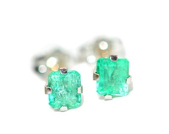 Natural Colombian Emerald Earrings 14K White Gold .64tcw Stud Earrings May Birthstone Earrings Statement Earrings Green Gemstone Earrings