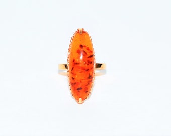 Natural Amber Ring 14K Solid Rose Gold Antique Art Deco Vintage Solitaire Gemstone Estate Jewelry