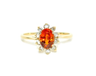 Natural Spessartine Garnet & Diamond Ring 14K Solid Gold 1.32tcw Gemstone Ring Vintage Estate Jewelry Mandarin Garnet Fanta Orange