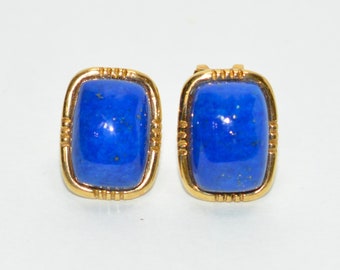 Natural Lapis Lazuli Earrings 14K Solid Gold Earrings Statement Earrings Vintage Earrings Hinged Lever Back Earrings Fine Estate Jewellery