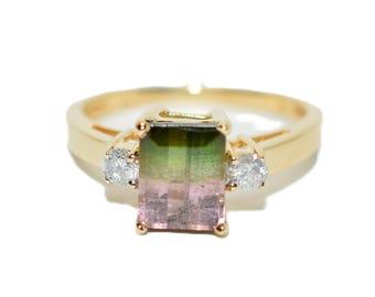 Natural Watermelon Tourmaline & Diamond Ring 14K Solid Gold 2.04tcw Tourmaline Ring Gemstone Ring Women's Ring Ladies Ring Birthstone Ring