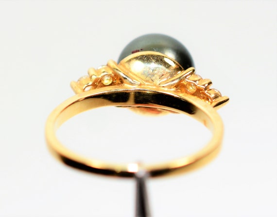 Natural Tahitian Pearl & Diamond Ring 14K Solid G… - image 6