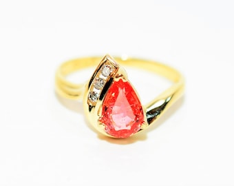 Certified Natural Padparadscha Sapphire & Diamond Ring 10K Solid Gold 1.35tcw Pear Ring Gemstone Ring September Birthstone Ring Women's Ring