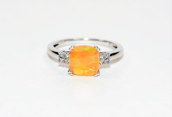 Natural Jelly Opal & Diamond Ring 10K Solid White… - image 1