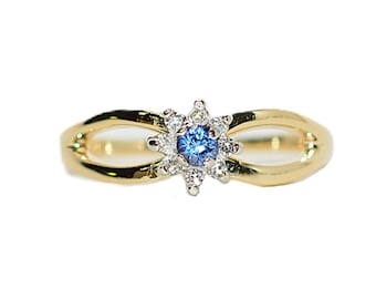 Natural Benitoite & Diamond Ring 14K Solid Gold .22tcw Rare Gemstone Ring Flower Statement Ring Promise Ring Womens Ring Birthstone Jewelry