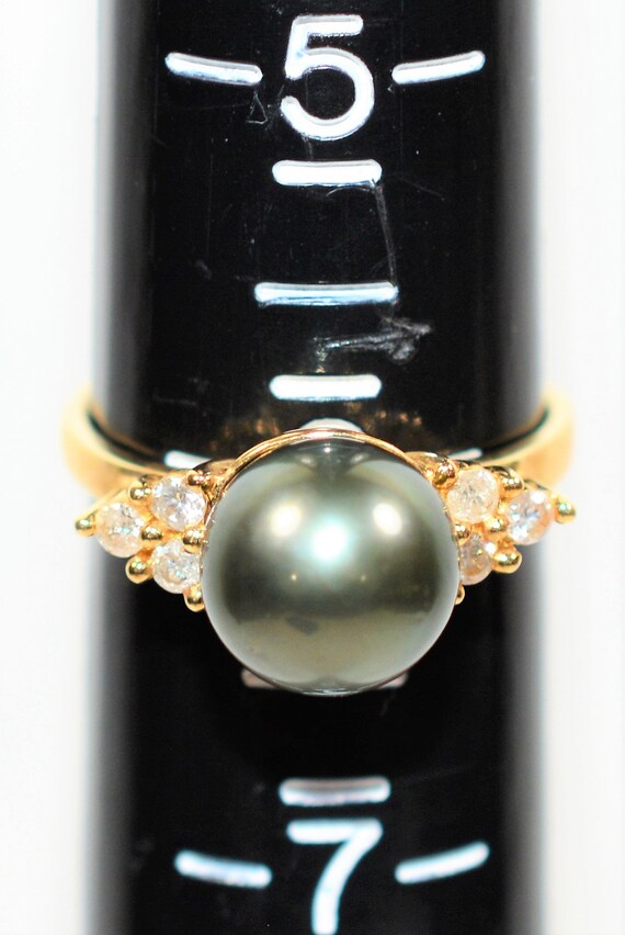 Natural Tahitian Pearl & Diamond Ring 14K Solid G… - image 8