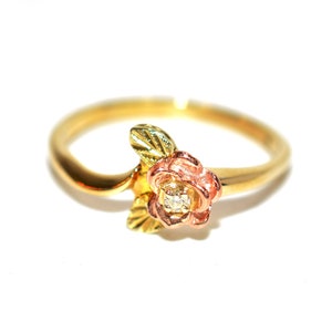 Natural Diamond Ring 10K Solid Gold Black Hills Gold .01ct Rose Ring Women's Ring Ladies Ring Solitaire Ring Flower Ring Nature Ring Estate