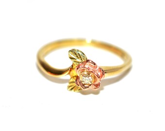 Natural Diamond Ring 10K Solid Gold Black Hills Gold .01ct Rose Ring Women's Ring Ladies Ring Solitaire Ring Flower Ring Nature Ring Estate