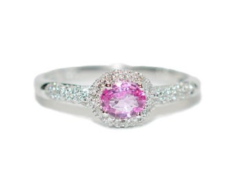 Natural Padparadscha Sapphire & Diamond Ring 14K White Gold .80tcw Engagement Wedding Bridal Jewelry Pave Ring Bridal Promise Ring