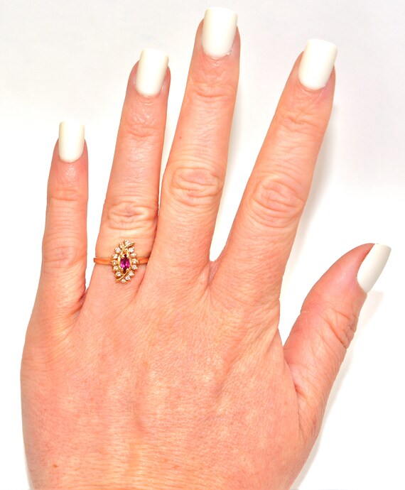 14K Gold Ruby & Diamond Ring: Marquise Gemstone, … - image 2