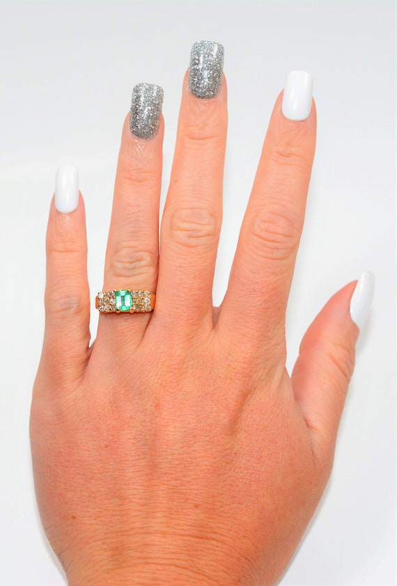 Natural Colombian Emerald & Diamond Ring 14K Soli… - image 2