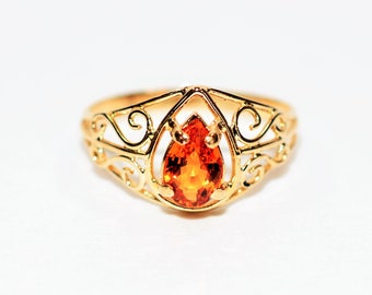 Natural Padparadscha Sapphire Ring 14K Solid Gold .77ct Pear Gemstone Ring Scroll Ring Solitaire Ring Gemstone Ring Vintage Jewellery Estate