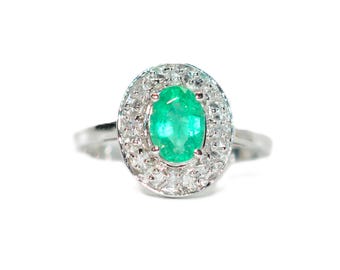 Natural Colombian Emerald & Diamond Ring 14K White Gold .97tcw Halo Engagement Ring Green Gemstone Ring May Birthstone Ring Cocktail Ring