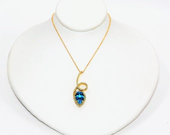 Natural Swiss Blue Topaz & Diamond Necklace 18K Solid Gold 2.60tcw Pendant Necklace Topaz Necklace Birthstone Necklace Statement Necklace