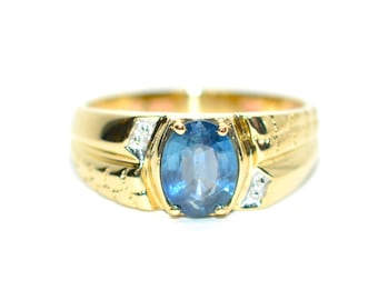 Natural Ceylon Sapphire & Diamond Ring 10K Solid Gold 1.52tcw Mens Ring Gents Ring Vintage Ring Cocktail Ring Blue Statement Ring Birthstone