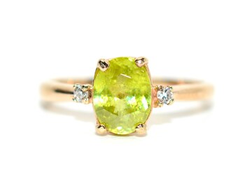 Natural Sphene & Diamond Ring 14K Gold Ring 1.50tcw Gemstone Ring Titanite Ring Solitaire Ring Yellow Ring Green Ring Womens Ring Jewelry