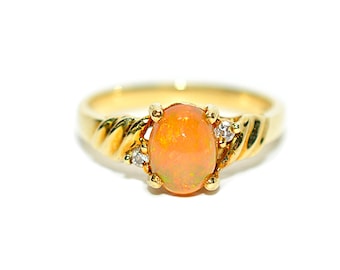 Natural Ethiopian Welo Fire Opal & Diamond Ring 14kt Solid Gold 1.13tcw October Birthstone Ring