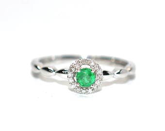 Natural Colombian Emerald & Diamond Ring 10K Solid White Gold .22tcw Engagement Ring Bridal Jewelry Promise Ring Wedding Ring Green Gemstone