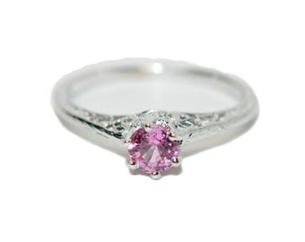 Natural Padparadscha Sapphire Ring White Gold Ring .51ct Ceylon Ring Sapphire Ring Solitaire Ring Engagement Ring Vintage Filigree Pink Ring