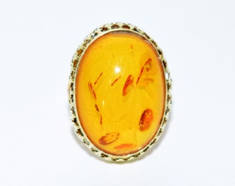 Natural Amber Ring 14K Solid Gold Solitaire Statement Antique Cocktail Vintage Fine Estate Jewelry