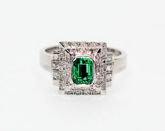 Natural Colombian Emerald & Diamond Ring 18K White Gold 1.23tcw Statement Ring Cocktail Ring May Birthstone Ring Fine Jewelry Women's Ring