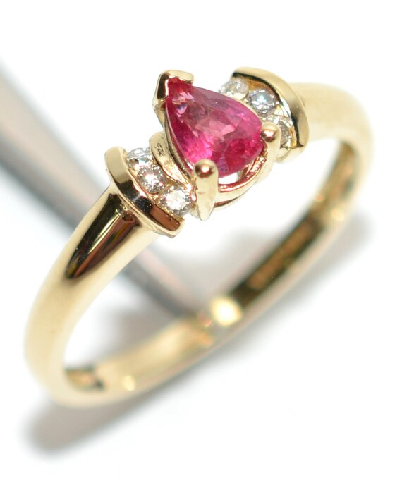 14K Gold Pear Ruby & Diamond Ring: Vintage Estate… - image 4