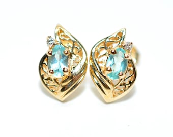 14K Gold Paraiba Tourmaline Diamond Stud Earrings, Vintage Style .52tcw