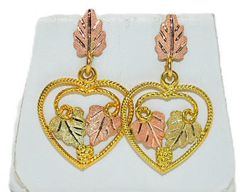 Black Hills Gold Earrings 12K Gold Earrings Dangle Drop Earrings Heart Earrings Vintage Earrings South Dakota Earrings Tri Color Earrings