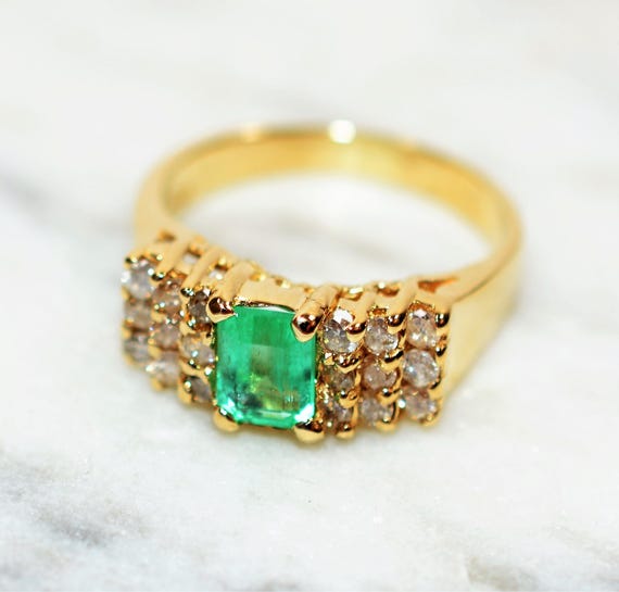 Natural Colombian Emerald & Diamond Ring 14K Soli… - image 7